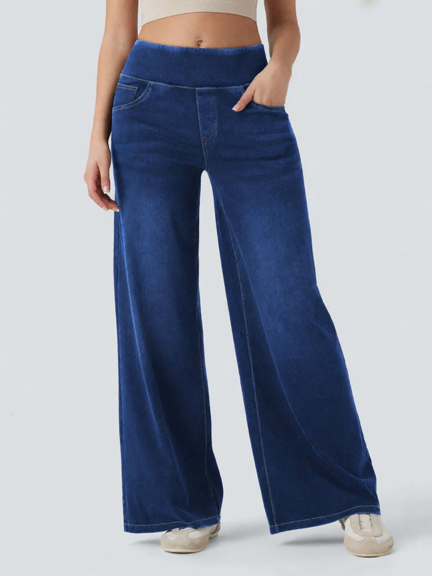 Women's High Waist Stretch Wide Leg Denim Pants | Pull-On Elastic Waist Casual Jeans