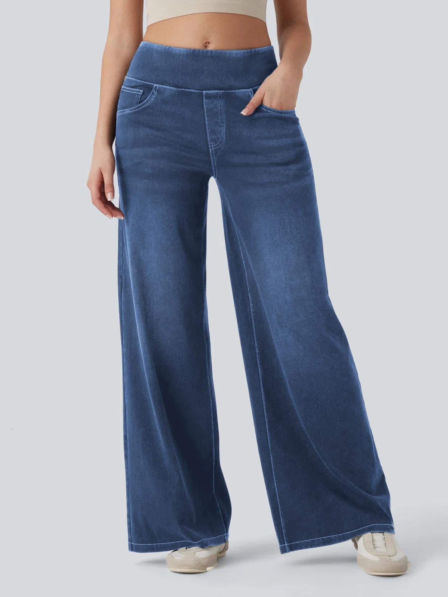 Women's High Waist Stretch Wide Leg Denim Pants | Pull-On Elastic Waist Casual Jeans